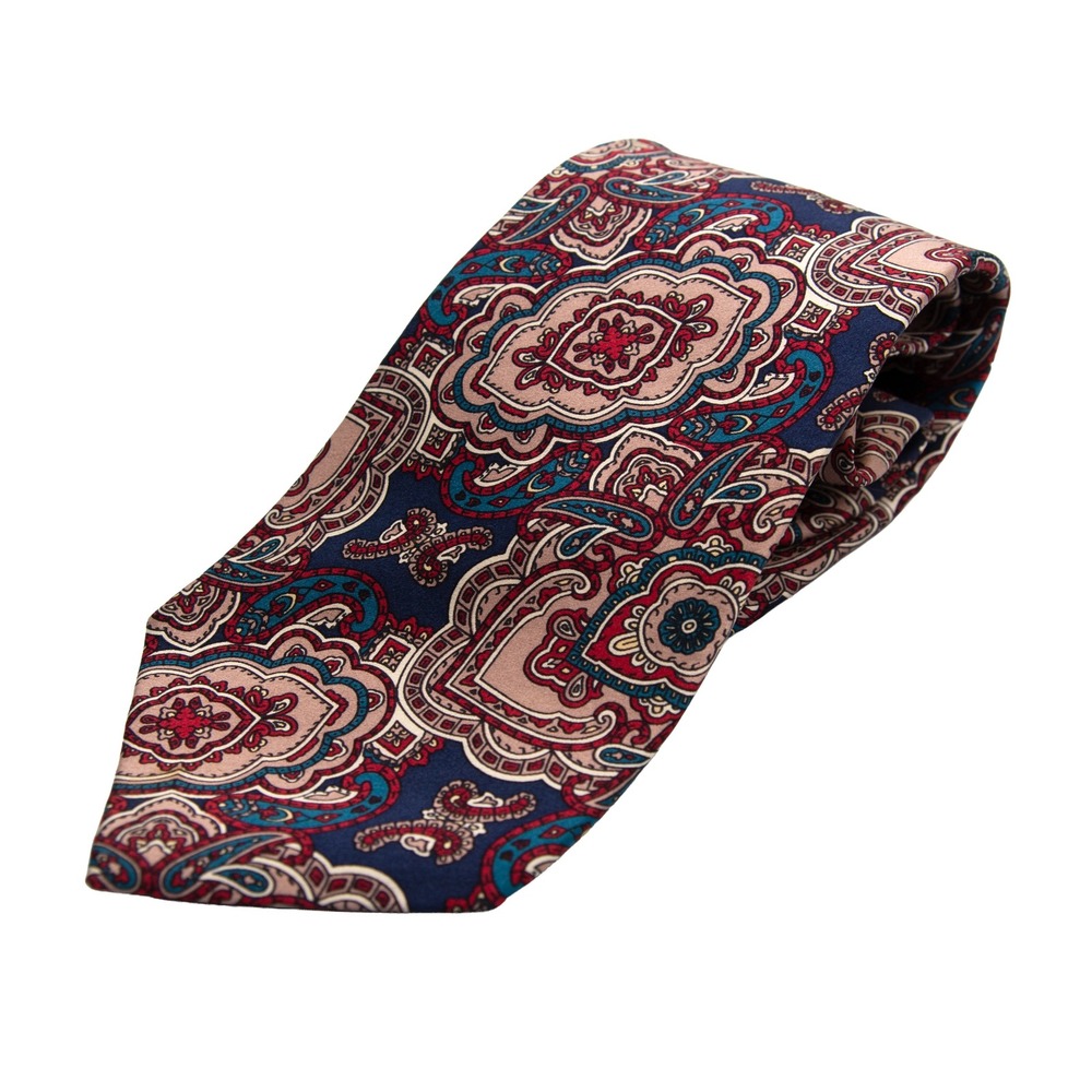 The Kensington Collection Mens Silk Tie Navy Blue Red Paisley Medallion Silk Tie - Picture 2 of 5